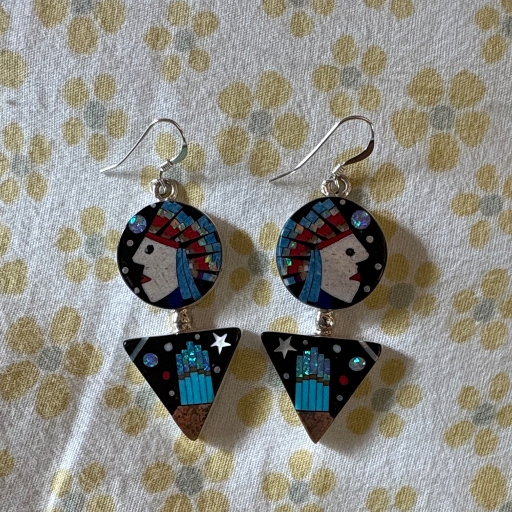 Southwest Zuni Inlay Colorful Dangle 925 STERLING SILVER Earrings